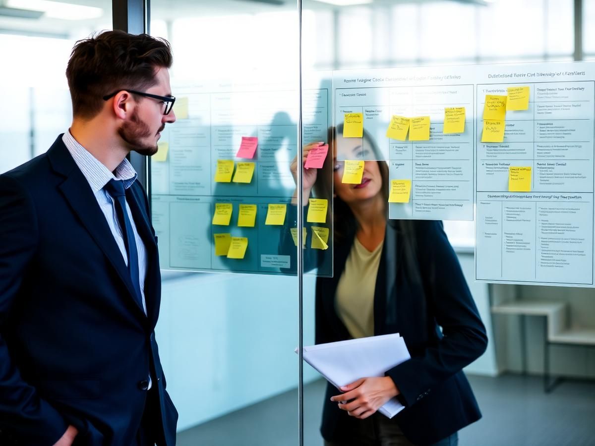 Consultants mapping a client workflow on a glass board with process notes