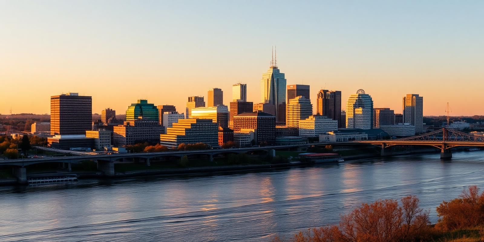 Downtown Richmond, Virginia skyline along the James River at sunset